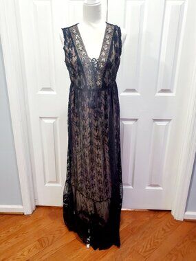 La Bellum Hillary Scott Black Lace Maxi Dress Sheer Embroidered Whimsigoth  8